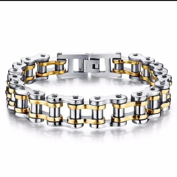 Men’s 18K Gold & White Gold Two Tone Motorcycle Biker Bike Link Bracelet - Picture 1 of 6